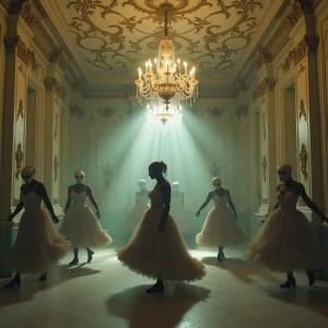 "In the opulent grandeur of a decaying Rococo ballroom, shadows...