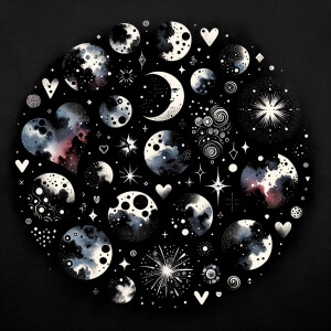 A black background with watercolor designs scattered around, sca...