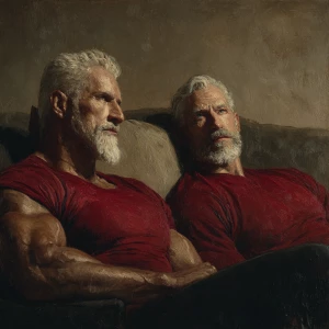 Two muscular, elderly bodybuilders, both with gray hair and bear...