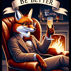 A studious female fox sitting in a leather recliner. Toasting wi...