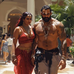 Fantasy art.A sweaty beefy man walking with his 54 year old kash...