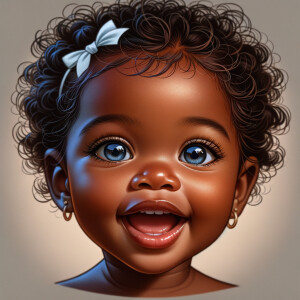 "Create a digital portrait of an adorable african-American baby girl with a joyful expression. Her big, bright blue eyes are wide with wonder, and her tiny mouth is shaped in a happy grin. Her skin has a warm, honey-brown tone, and she has an abundance of curly black hair, playfully tied up with light blue bows. The background is soft and neutral to keep the focus on her delightful features. The portrait should be vibrant and heartwarming, celebrating the innocence and charm of childhood."