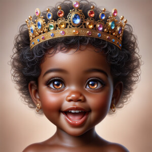 "Create a digital portrait of an adorable african-American baby girl with a joyful expression. She is wearing a gold crown with colorful jewels. Her big, bright blue eyes are wide with wonder, and her tiny mouth is shaped in a happy grin. Her skin has a warm, honey-brown tone, and she has an abundance of thick curly black hair, The background is soft and neutral to keep the focus on her delightful features. The portrait should be vibrant and heartwarming, celebrating the innocence and charm of childhood."