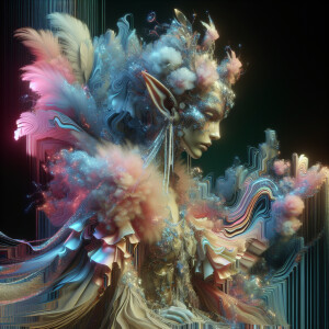 A luxuriously surreal elf, draped in shimmering pastel fabrics t...