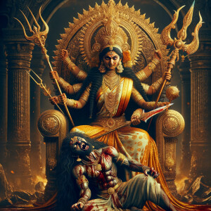 portrait of angry looking goddess durga sitting on a gold crown and carrying a weak mahishasur on her lap and stabbing him with her amazingly designed trident. She is wearing gold armor, a huge gold crown, gold saree, abundant  gold jewelry, covered in blood. The scene is set in ancient India. The image is 8K resolution, cinematic, ultra detailed face and epic.