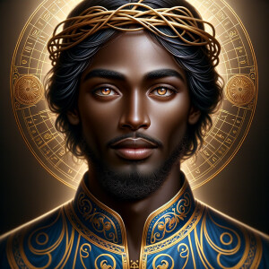 Create a beautiful African-American Jesus Christ with Hazel, brown eyes and blue and gold robe