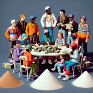 People dressed in hip-hop clothing standing around a table of mo...
