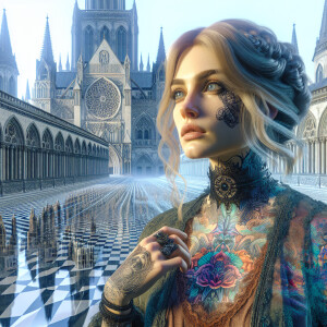 Blonde Headed Gothic Woman with Tattoos with a Cathedral in the...