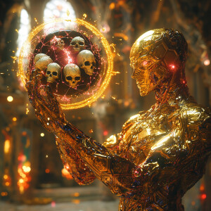 A majestic gold-skinned alien wizard with a crystalline and shin...