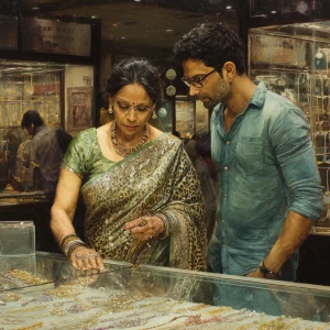 Hyperrealism,painting.a  mature gujarati mother in law in her 50...