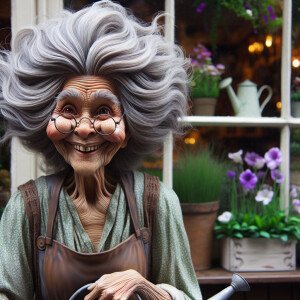 a whimsical realistic image of an old lady with wild grey hair t...