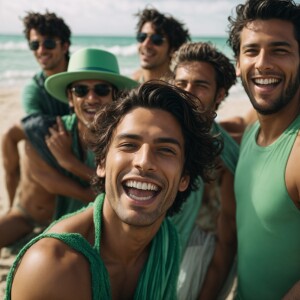 A man with dark hair and green eyes having fun at the beach with...