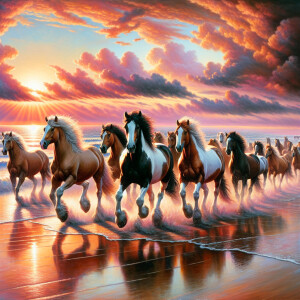 A herd of majestic horses galloping along the shoreline with the...