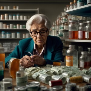 Create a realistic picture of a senior citizen looking at prescr...