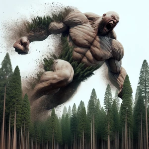 Create a hyper-realistic image of a furious, bald giant leaping...
