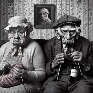 Digital art, a stylized elderly couple wearing hats, with exagge...