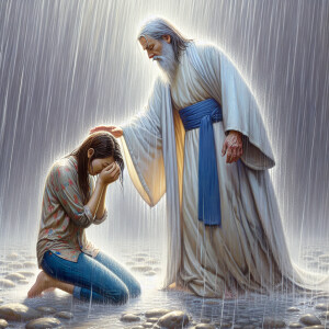 Create a touching scene where Jesus Christ, dressed in a white r...