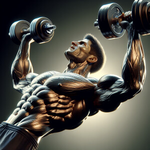 Create a Guy lifting intense heavy dumbbells above head level wi...