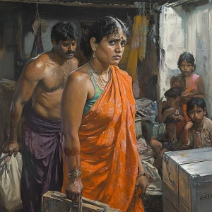 Realism painting a 54-year-old Gujarati housemaid wearing a brig...