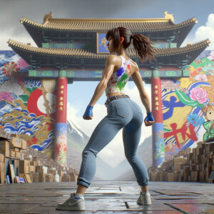 Athletic Thin skinny Attractive, Asian teenage girl, long brown hair and bangs, wearing tight skinny jeans and a halter top paint marks on her clothing, heroic pose Asian graffiti background, backside view