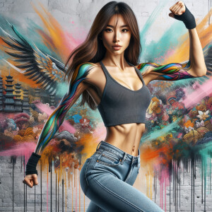 Athletic Thin skinny Attractive, Asian teenage girl, long brown hair and bangs, wearing tight skinny jeans and a halter top paint marks on her clothing, heroic pose Asian graffiti background