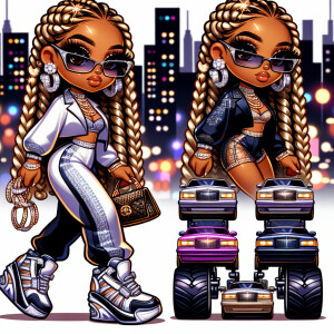 Illustrate a chic, Chibi-style character, a melanin woman with g...