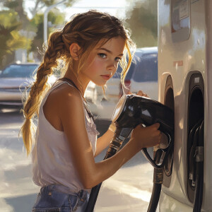 tween pumping gas while go overfills distracted by her beauty