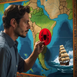 A focused american arachnologist examining an expansive map of S...