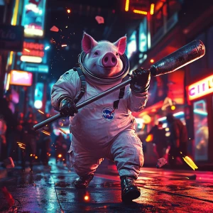 Cartoonish realistic pig in vintage white NASA style closed spac...