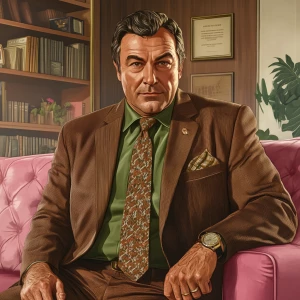 A middle-aged man with neatly combed hair, wearing a brown suit...
