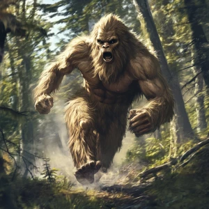 A humanoid looking haircovered sasquatch running fast through th...