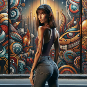 Athletic Thin skinny Attractive, Asian teenage girl, long brown hair and bangs, wearing tight skinny jeans and a halter top paint marks on her clothing, heroic pose Asian graffiti background, backside view