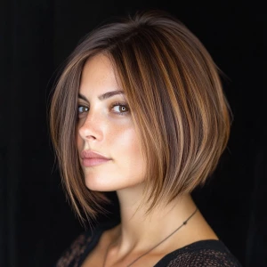 a woman, look to the camera, Layered bob hairstyle