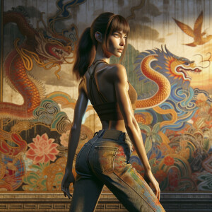 Athletic Thin skinny Attractive, Asian teenage girl, long brown hair and bangs, wearing tight skinny jeans and a halter top paint marks on her clothing, heroic pose Asian graffiti background, backside view