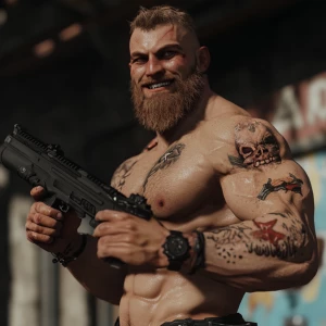 White muscular thin man with beard, big chin, smile and cheekbon...