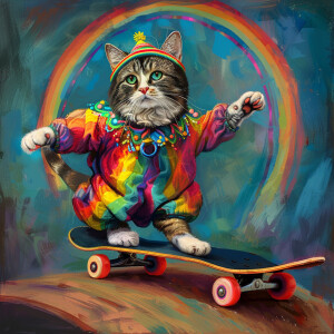 A cat skateboarding in a vibrant hippie costume adorned with rai...