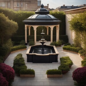 Design a luxurious classic-style rooftop garden featuring a squa...