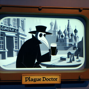 Plague doctor with a pint of Guinness, in Moscow
