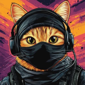 A wide-eyed ginger cat wearing a black tactical balaclava (or ma...