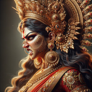 Side view portrait of  gorgeous and extremely angry goddess durga. intricately detailed depiction of a goddess. gold jewelry all over body. ultra detailed face. Wearing red saree, a lot of gold ear piercings, huge gold crown on head, uhd, hdr, 64k, epic, ultra detailed face