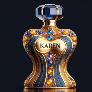 Create a 3-D realistic gold and blue, colorful jewels perfume b...