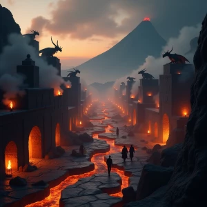 Photorealistic cinematic wide shot of a bustling volcanic settle...