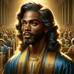 Illustrate an inspiring African-American Jesus crust with a dign...