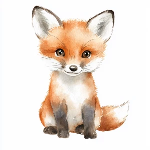 Simple style, watercolor illustration, baby fox
 looking forwar...