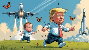 baby Trump runs on the grass and catches butterflies, in the bac...