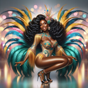 Create a 3-D  vivid full-body view of a colorful glossy hyper-realistic oil painting of a detailed illustration full length photo single image of a beautiful African-American caramel skinned woman plus sized, with long, black, wavy hair, her make up is airbrushed and flawless, she is dressed in a white, teal and yellow large, elaborate, elegant, very detailed carnival costume with colorful African-American pink, blue, gold yellow green feathers, flawless makeup, prominent lashes, black peep toe heels, white pixie hair, background bokeh, she is stunning and smiling, digital art.