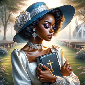 Render an airbrush oil painting of an African American woman with flawless makeup in a
contemplative pose, holding a Bible close to her heart, dressed in an elegant Sunday Best
outfit with a distinctive Church Hat. The background features a peaceful church garden,
with light filtering through the trees, highlighting her spiritual connection and the personal
moment of reflection. The artwork should capture the tranquility of the scene, the beauty
of her attire, and the depth of her contemplation, reflecting a serene and spiritually