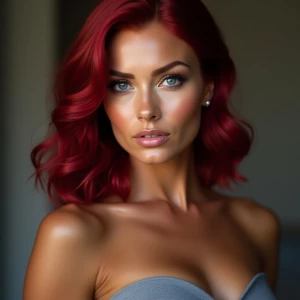 Portrait of a beautifu Tan l Caucasian woman with Ruby Red Metal...