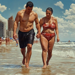 Photorealism.a muscular sweaty man walking  with his 50 years ol...