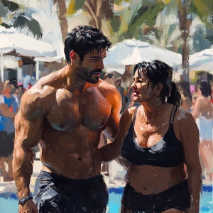 Realism digital oil painting,a muscular beefy sweaty man  walkin...